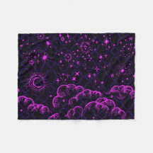 "月および星"のフリースブランケット(PK/BLK/PUR)