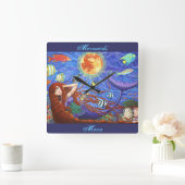 月および魚が付いているコルセットの赤毛の人魚 スクエア壁時計 (ホーム)