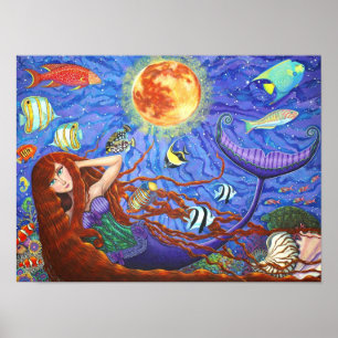 月および魚が付いているコルセットの赤毛の人魚 ポスター