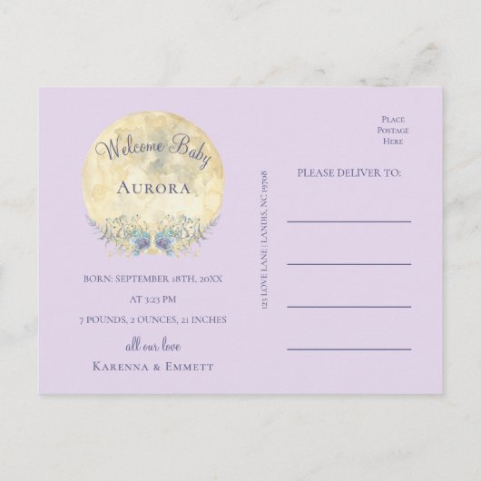 月お洒落紫写真誕生のお知らせ 案内ポストカード (裏面)