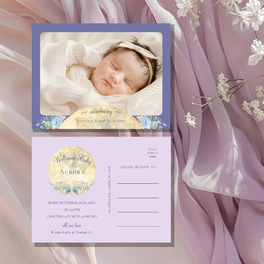 月お洒落紫写真誕生のお知らせ 案内ポストカード