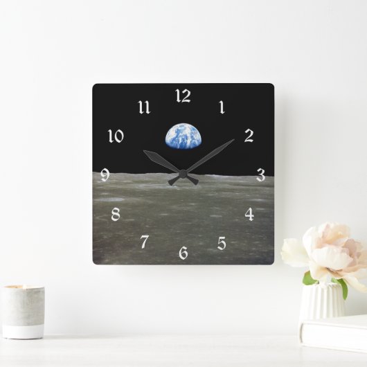月からの地球の黒い宇宙:地球の上昇 スクエア壁時計 (ホーム)