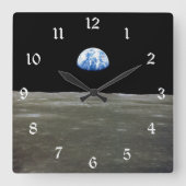 月からの地球の黒い宇宙:地球の上昇 スクエア壁時計 (正面)