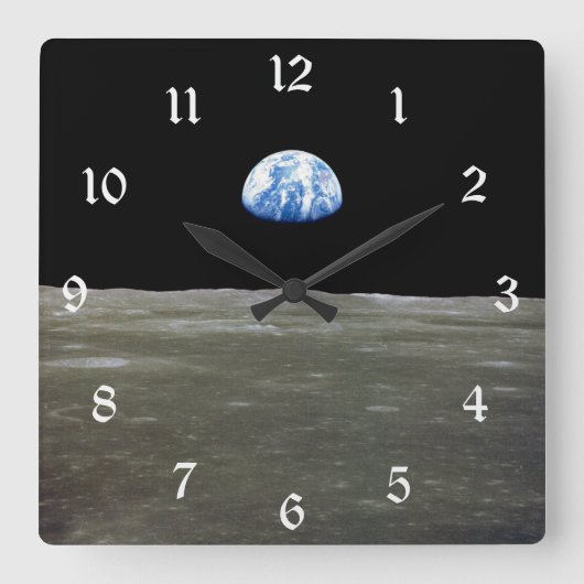 月からの地球の黒い宇宙:地球の上昇 スクエア壁時計 (正面)