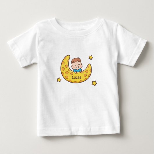 月から顔を出すかわいい男の子 ベビーTシャツ (正面)