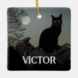 月が木の枝に生える黒猫 セラミックオーナメント