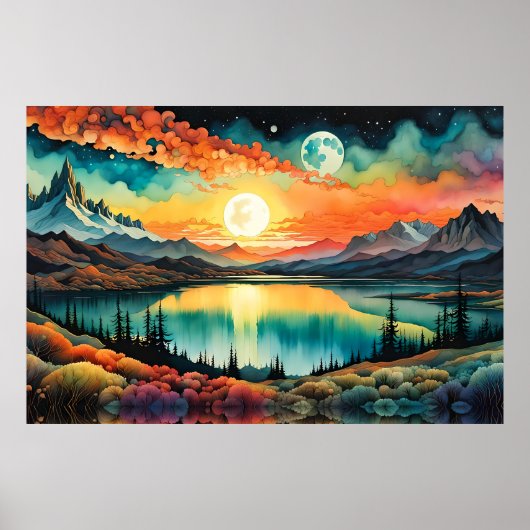 月が設定する山の湖の上の日の出。 ポスター (正面)