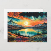 月が設定する山の湖の上の日の出。 ポストカード (正面/裏面)