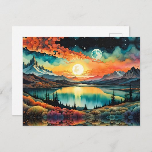 月が設定する山の湖の上の日の出。 ポストカード (正面/裏面)