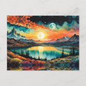 月が設定する山の湖の上の日の出。 ポストカード (正面)