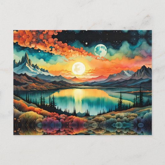 月が設定する山の湖の上の日の出。 ポストカード (正面)