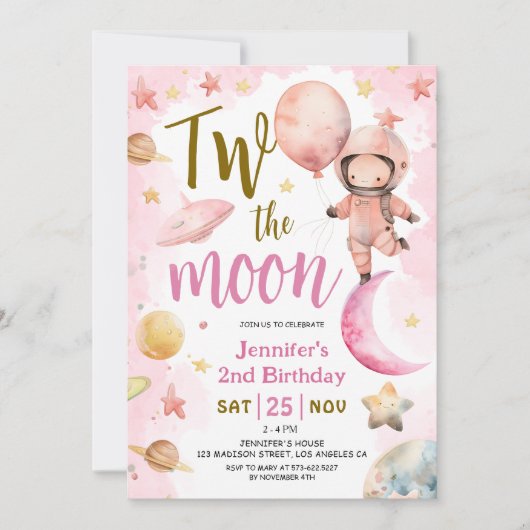 月が2つ！女子宇宙飛行士宇宙2nd Birthday 招待状 (正面)
