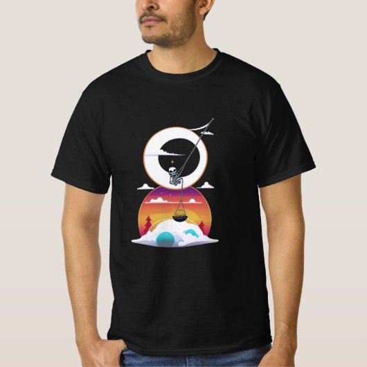 月でスイングするスケルトン Tシャツ (正面)