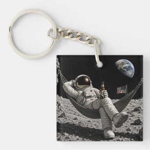 月でビールを楽しむ宇宙飛行士 キーホルダー