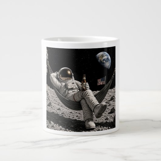 月でビールを楽しむ宇宙飛行士 ジャンボコーヒーマグカップ (正面)