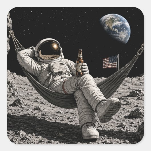 月でビールを楽しむ宇宙飛行士 スクエアシール (正面)