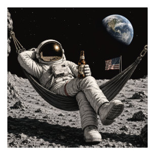 月でビールを楽しむ宇宙飛行士 フォトプリント