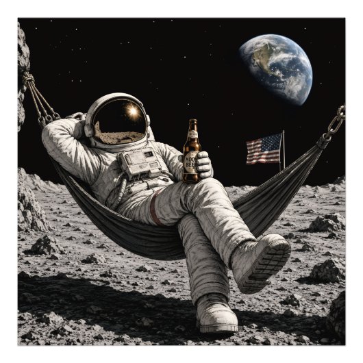 月でビールを楽しむ宇宙飛行士 フォトプリント            (正面)