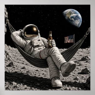 月でビールを飲んでくつろぐ宇宙飛行士 ポスター