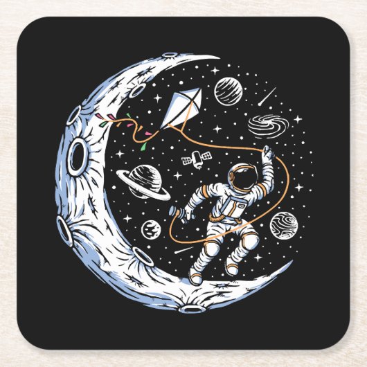 月で凧を飛ばす宇宙飛行士 スクエアペーパーコースター (正面)