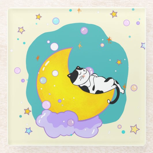 月で寝るかわいいタキシード猫 ガラスコースター (正面)