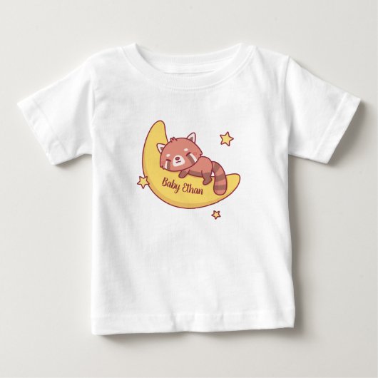 月で寝るかわいいレッサーパンダ ベビーTシャツ (正面)