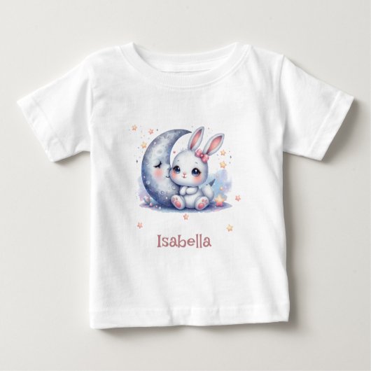 月で座っているかわいいウサギ ベビーTシャツ (正面)