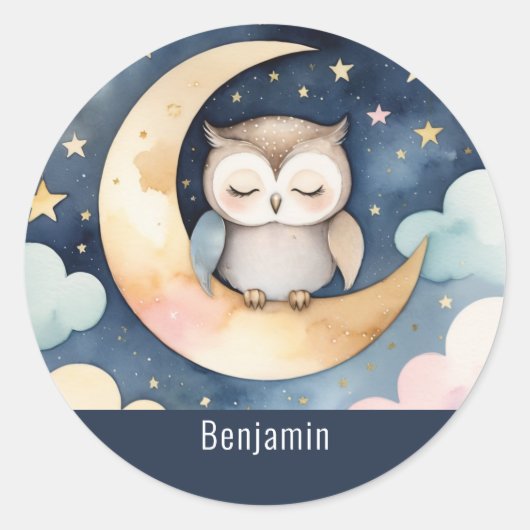 月で眠るかわいいフクロウの名前入り ラウンドシール (正面)