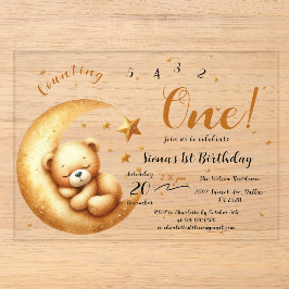 月で眠るかわいい子熊の1歳の誕生日 アクリル招待状