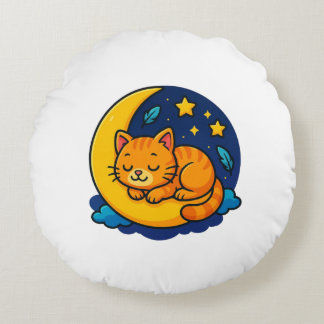 月で眠るかわいい猫のラウンドピロー -  ラウンドクッション