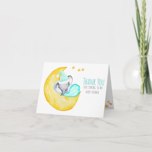 月で眠るかわいい象のベビーシャワー サンキューカード (正面)