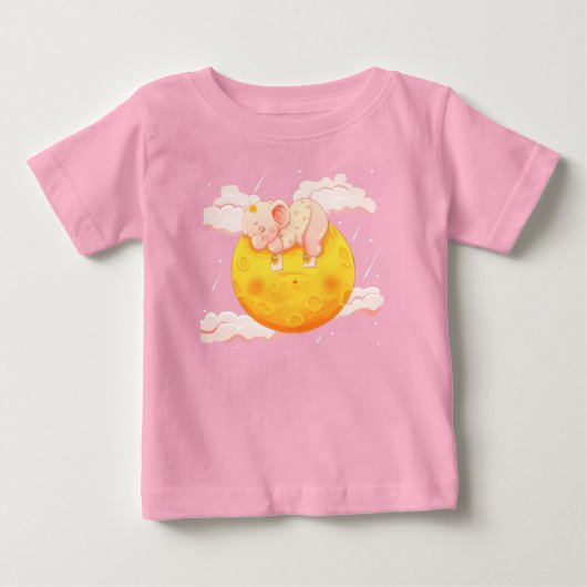 月で眠るかわいい赤ちゃん象 ベビーTシャツ (正面)