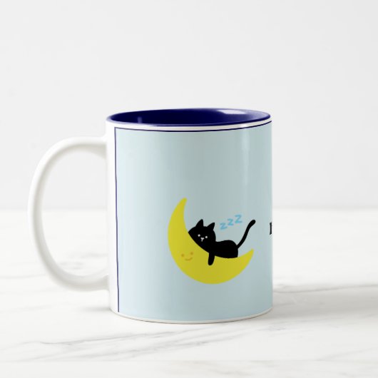 月で眠るかわいい黒猫の淡いブルーのコーヒー ツートーンマグカップ (左)