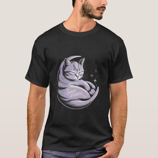月で眠る子猫のドリームキャットデザイン Tシャツ (正面)