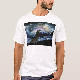 月で遠ぼえしているオオカミ Tシャツ