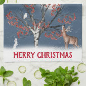 月とクリスマスの冬の野生動物 キッチンタオル (折り畳み)