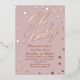 月とドット紙吹雪赤ちゃんシャワーピンク押し 箔招待状