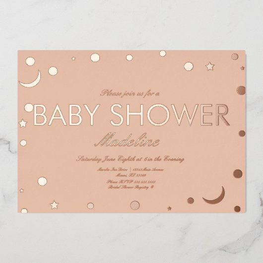 月とドット紙吹雪赤ちゃんシャワー押されたホイル 箔招待状 (正面)