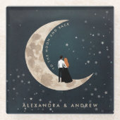 月とバックにかわいい愛の星の夜空 ガラスコースター (正面)