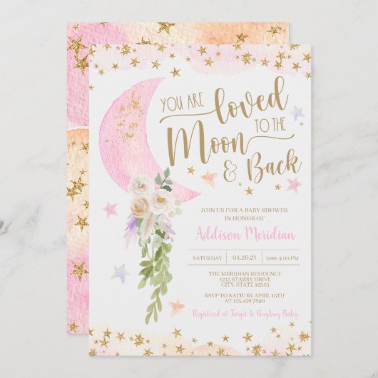 月とバックに愛されるベビーガールシャワー 招待状 (正面/裏面)