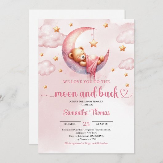 月とバックピンクと金ゴールド女の子の赤ちゃんシャワー 招待状 (正面/裏面)