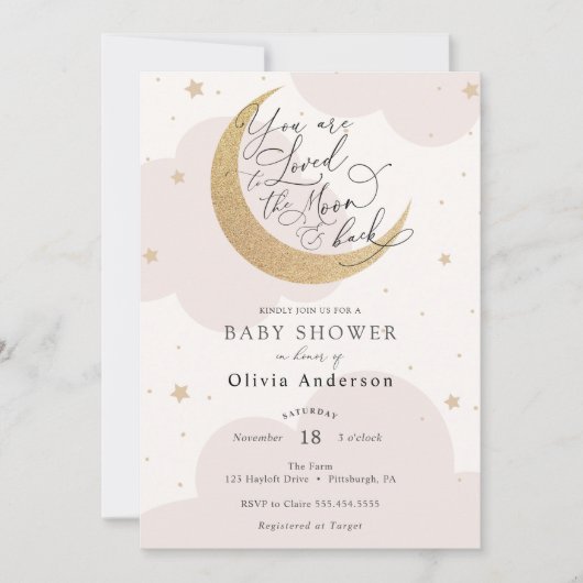 月とバックピンクの赤ちゃんシャワーに愛されている 招待状 (正面)