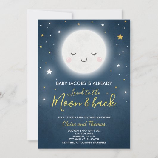 月とバックベビーシャワー招待状に愛されている 招待状 (正面)