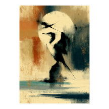 月とペリカンの日本墨絵アート 壁掛け