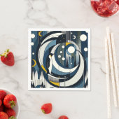 月とペンギンのネイビーブルージオメトリックナイト スタンダードカクテルナプキン (インサイチュ)