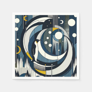 月とペンギンのネイビーブルージオメトリックナイト スタンダードカクテルナプキン