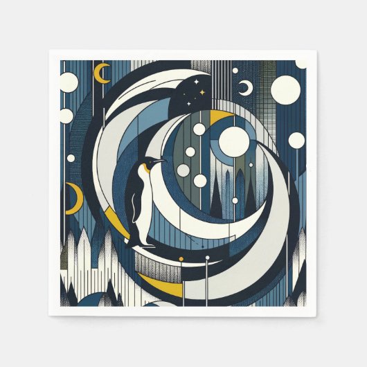 月とペンギンのネイビーブルージオメトリックナイト スタンダードカクテルナプキン (正面)