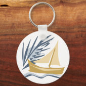 月とヤシの木の背景に帆船 キーホルダー (正面)