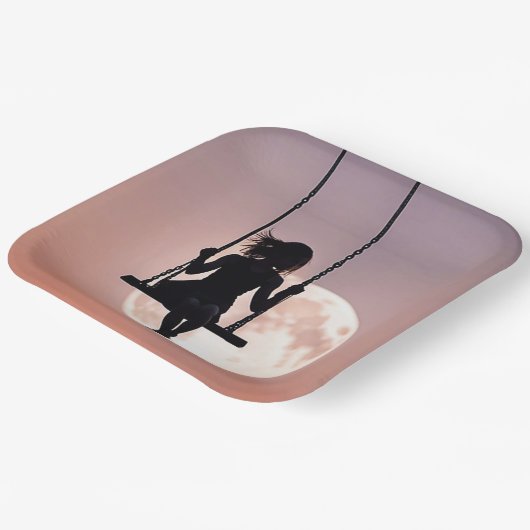 月と一緒にスイングしている女の子 ペーパープレート (傾斜あり)