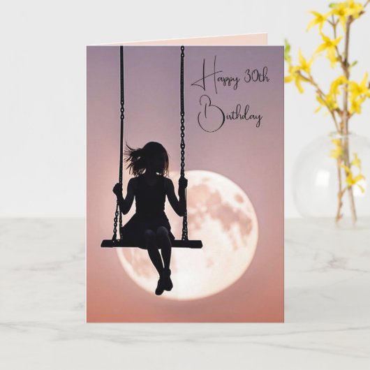 月と一緒にスイングする30歳の誕生日の少女 カード (黄色い花)